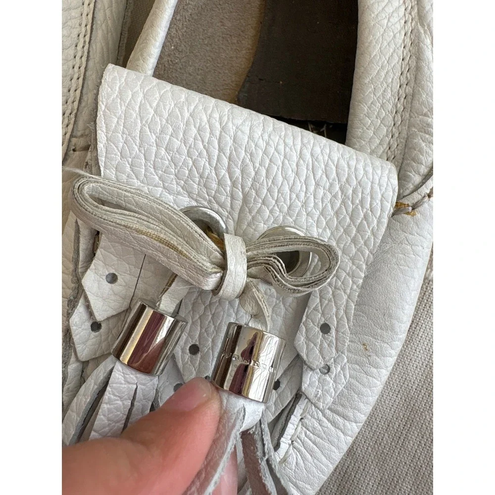 Burberry Womens White Pebbled‎ Leather Tassel Kiltie Driving Loafers